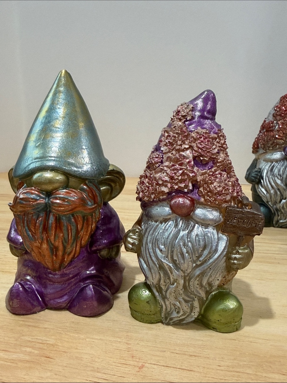 Pair of Decorative Garden Gnomes in Purple, Gold & Green